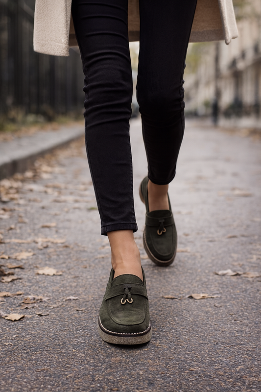 Mocassins Femme en Suédine - Kaki Chic & Semelle Confort