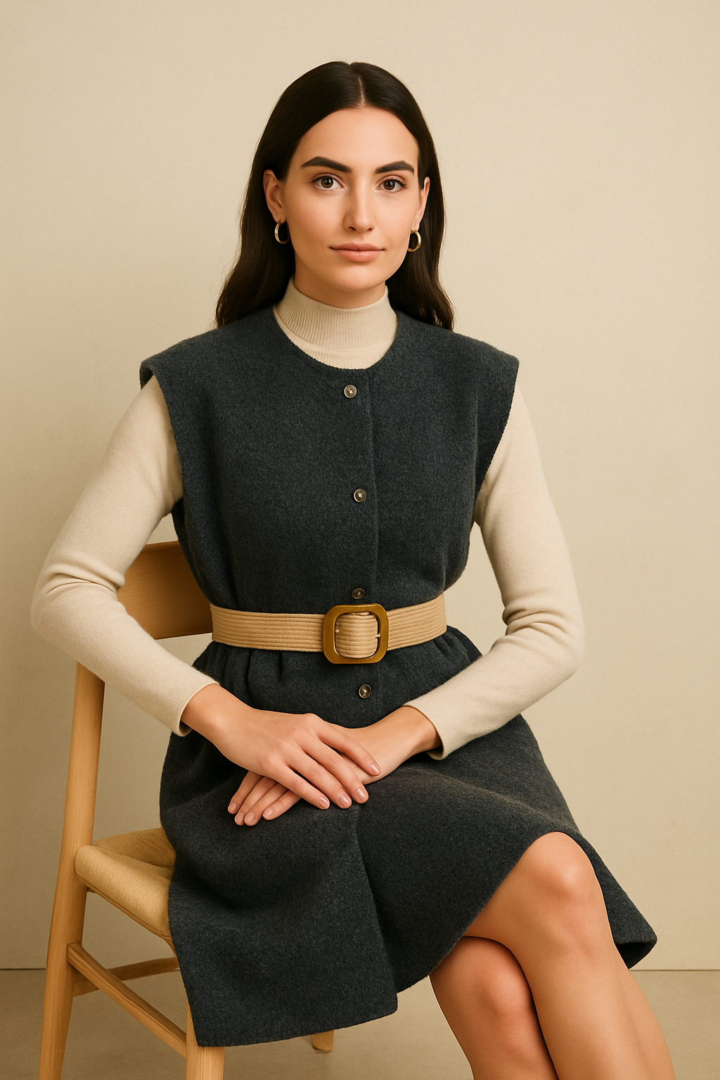 Gilet Long Sans Manches - Élégance Texturée & Ceinture Raffinée (Taille 48-50)