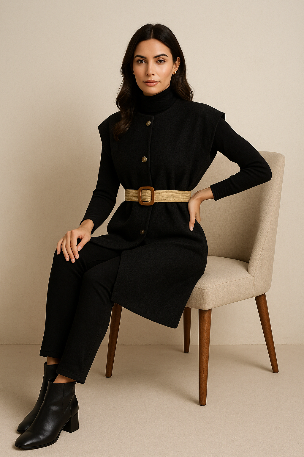 Gilet Long Sans Manches - Élégance Texturée & Ceinture Raffinée (Taille 48-50)