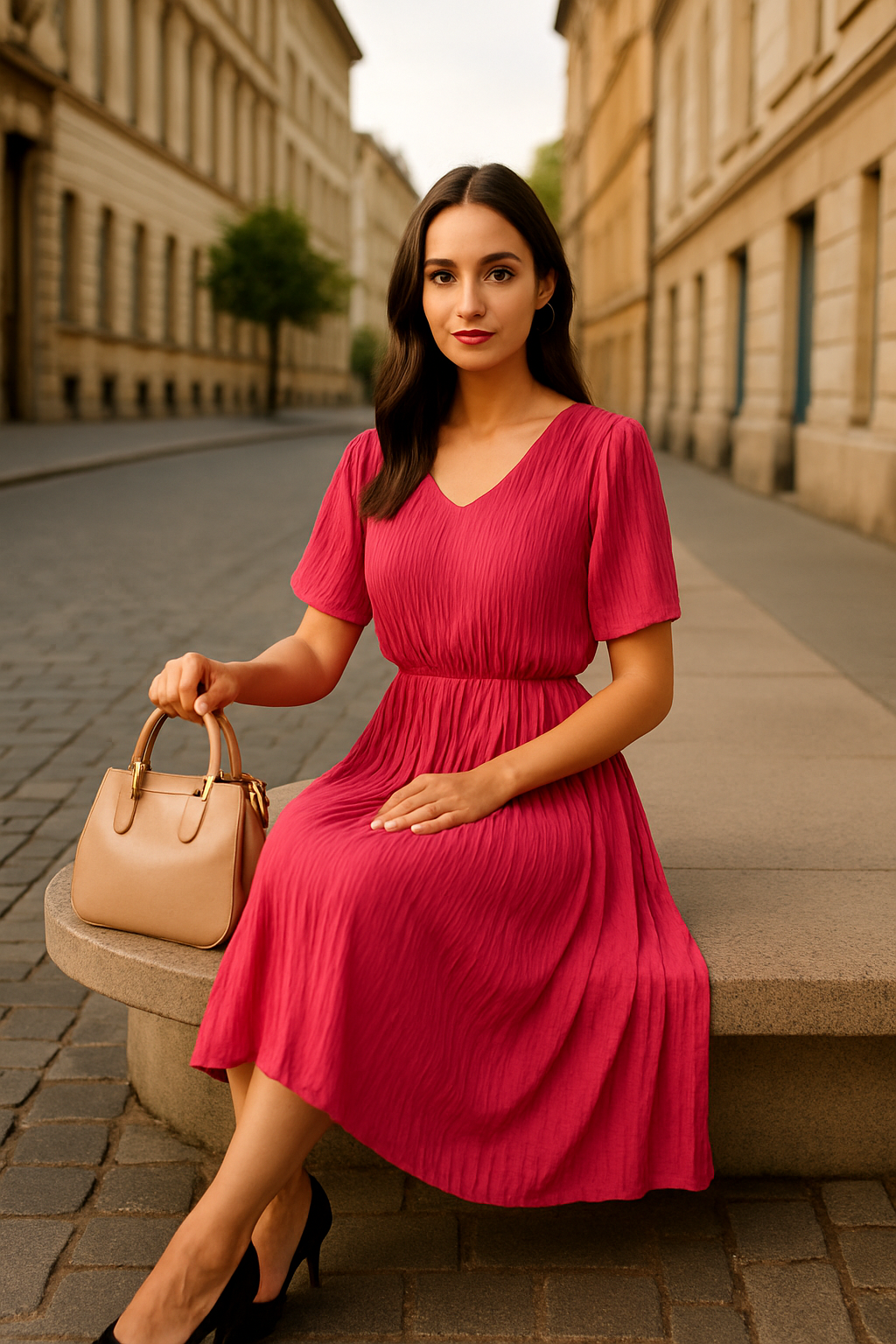 Robe Plissée Élégante A2R Collection - Décolleté V Chic & Taille Élastique (36-44)