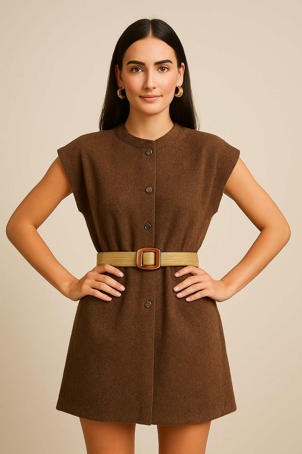 Gilet Long Sans Manches - Élégance Texturée & Ceinture Raffinée (Taille 48-50)