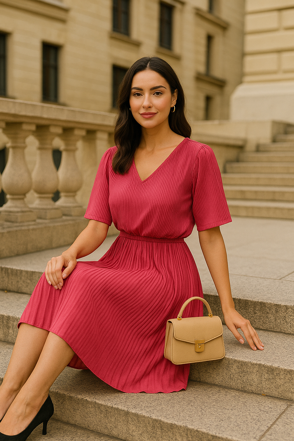 Robe Plissée Élégante A2R Collection - Décolleté V Chic & Taille Élastique (36-44)