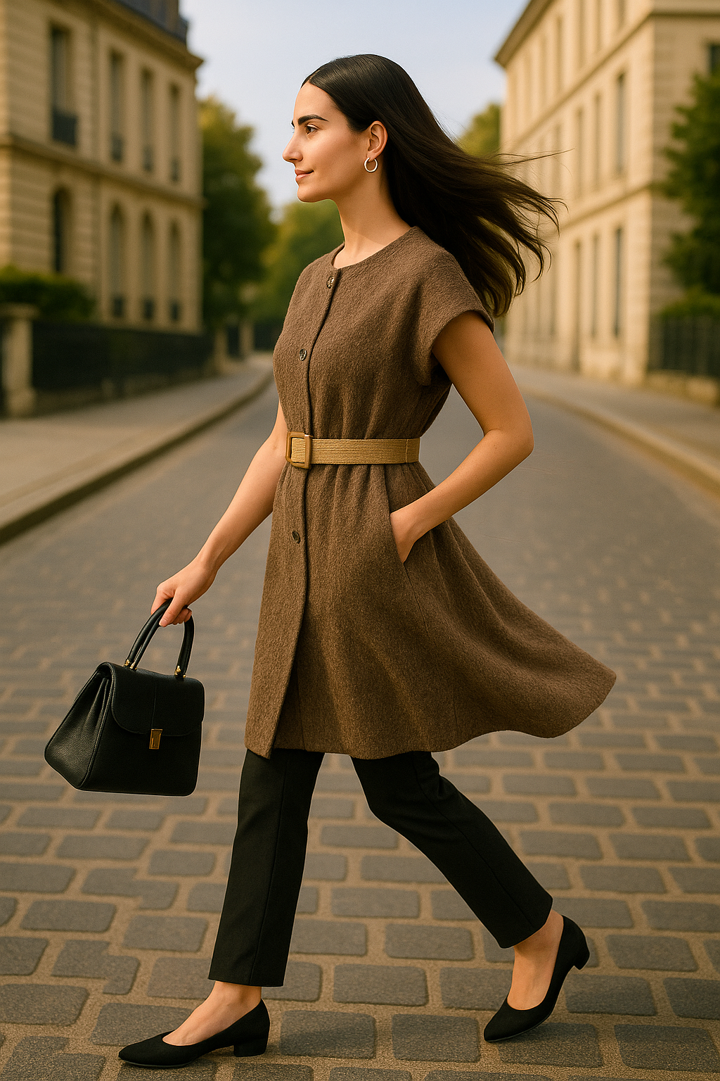 Gilet Long Sans Manches - Élégance Texturée & Ceinture Raffinée (Taille 48-50)