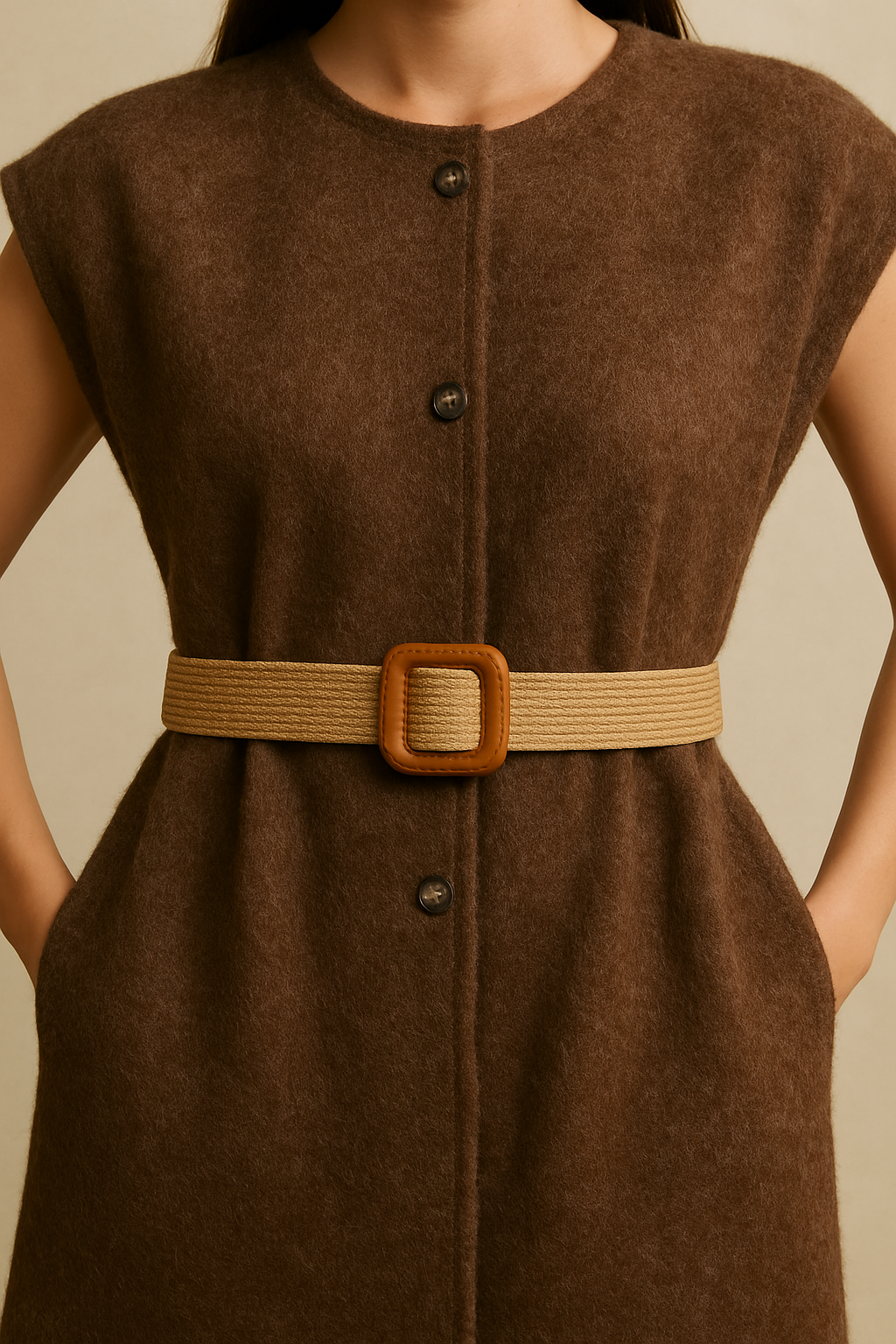 Gilet Long Sans Manches - Élégance Texturée & Ceinture Raffinée (Taille 48-50)