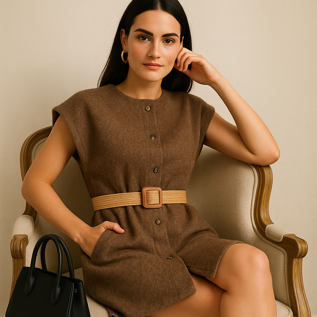 Gilet Long Sans Manches - Élégance Texturée & Ceinture Raffinée (Taille 48-50)