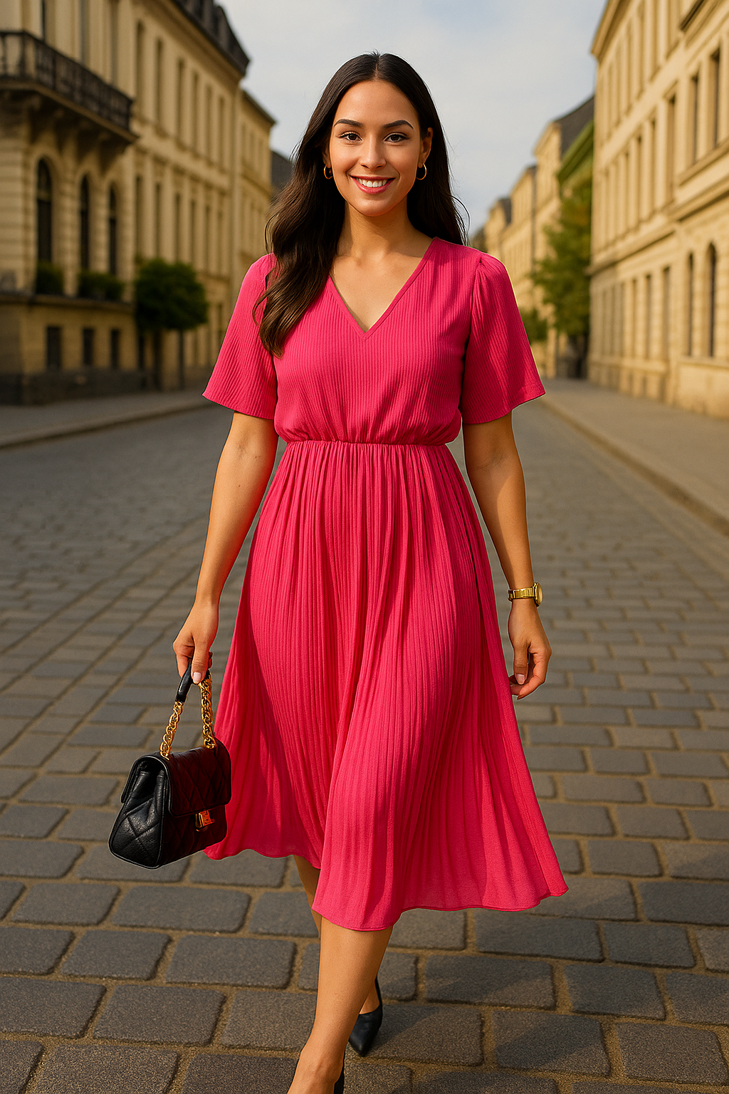 Robe Plissée Élégante A2R Collection - Décolleté V Chic & Taille Élastique (36-44)